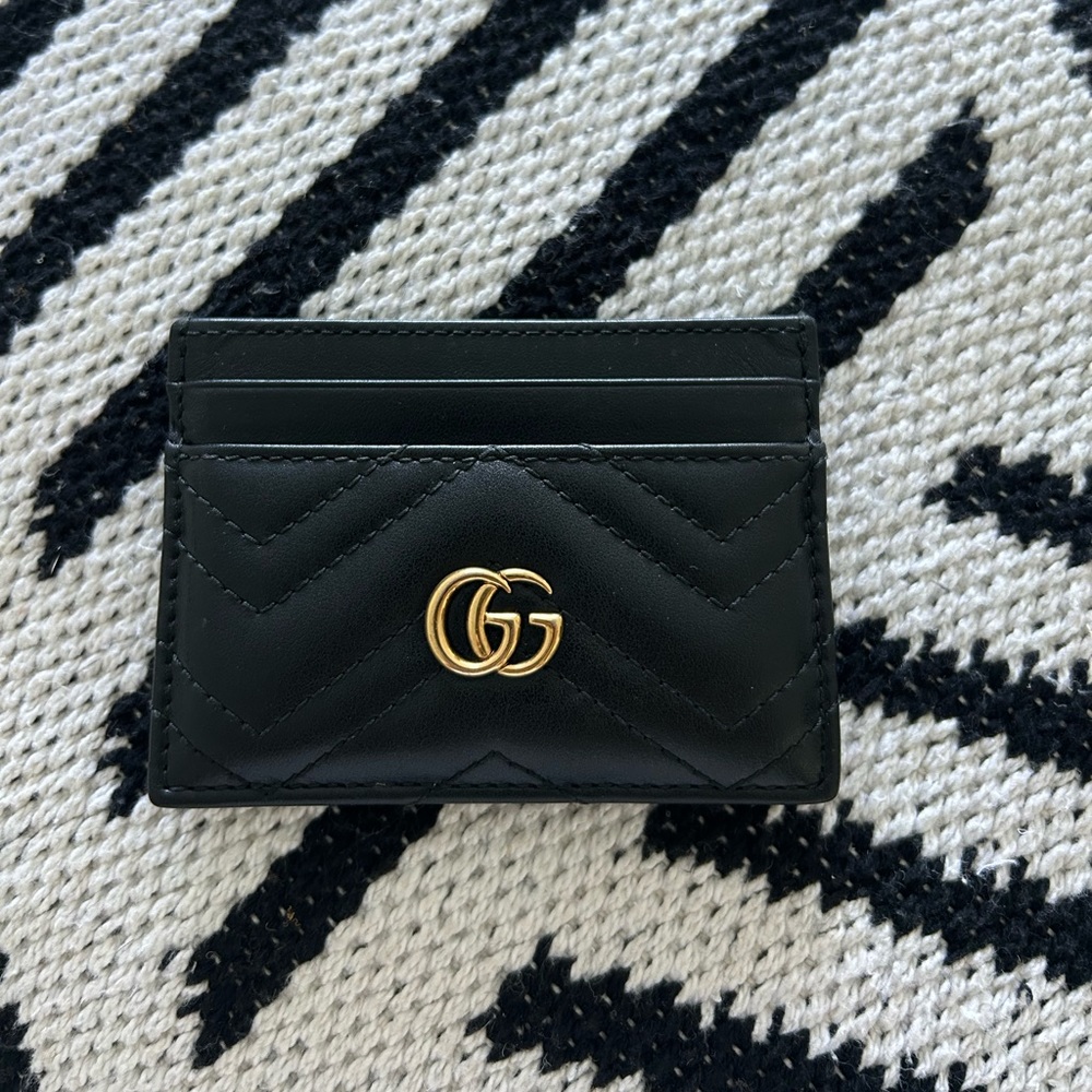 Gucci Black Leather GG Marmont Card Case with Gold Hardware